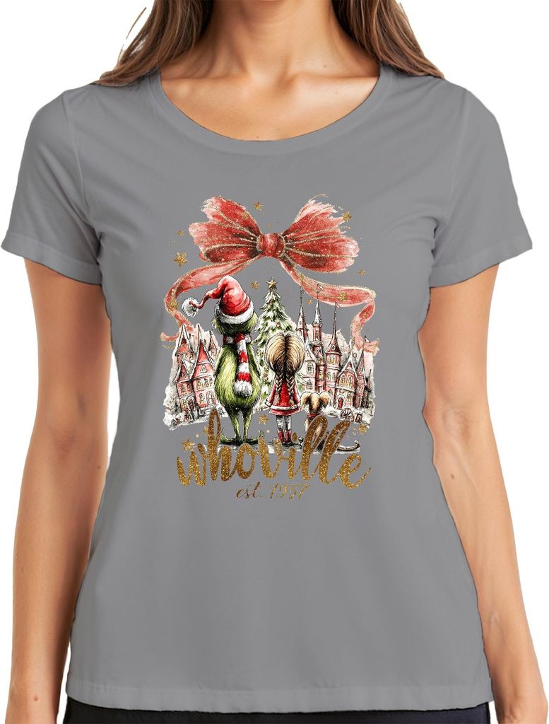 Whoville Grinch Weihnachten Geschenk Nostalgie Xmas Geschenkidee Damen T-Shirt, Grau, S