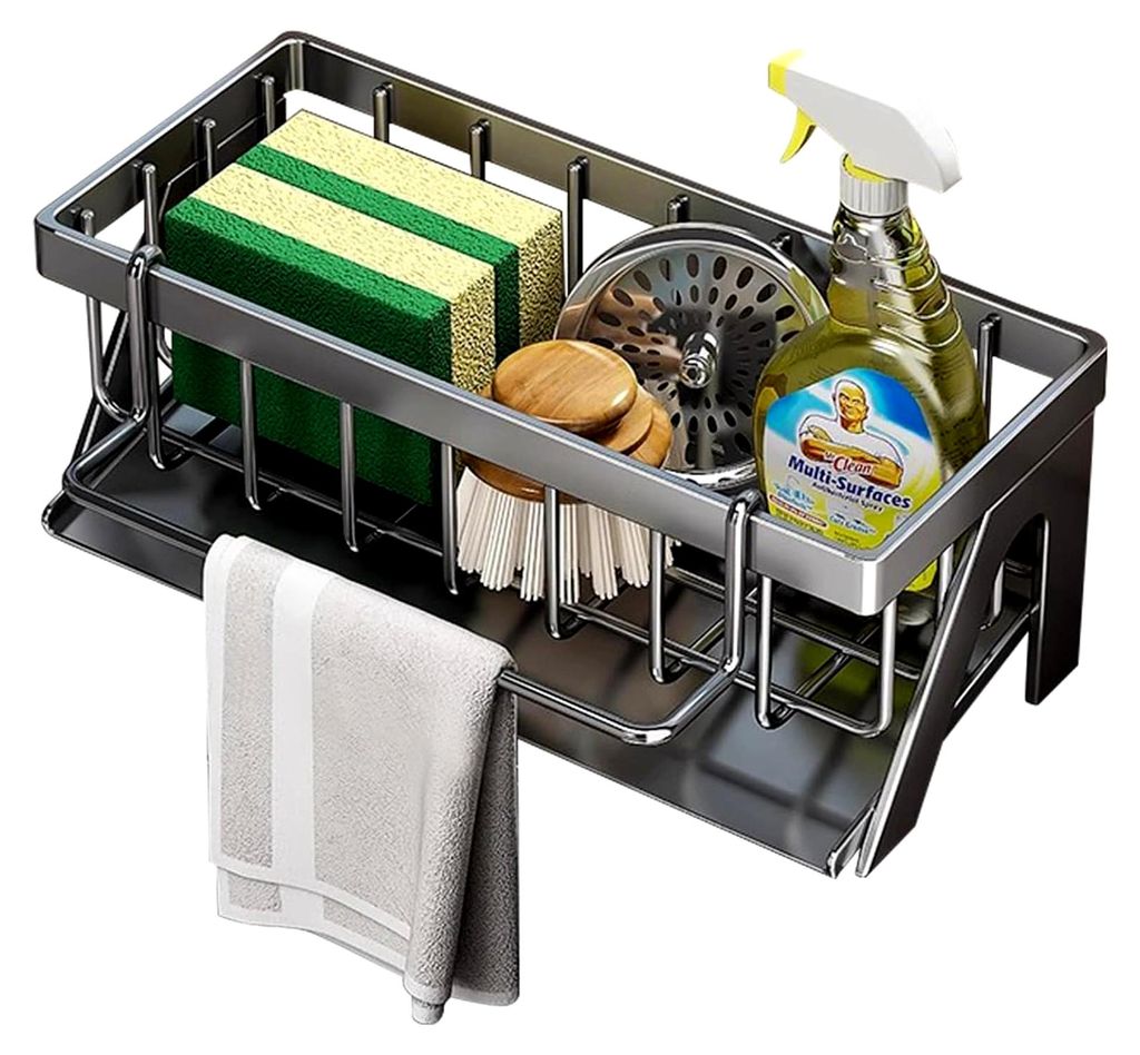 Spülbecken Organizer,Spüle Organizer Edelstahl,Sink mit Schwammhalter,Automatischem Abfluss,Kitchen Storage Organisation,mit Handtuchhalter SpüL...