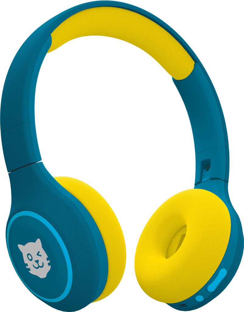 A pair of blue and yellow children's headphones with a tiger graphic on one earcup, isolated on a white background.