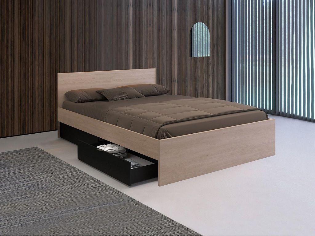 Bett mit 2 Schubladen 160 x 200 cm - Farben: natur und schwarz + Rahmen - VELONA