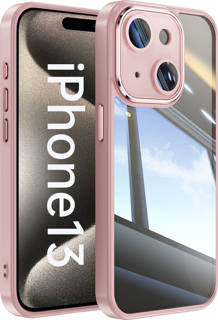 Handyhülle für iPhone 13 Hybrid Transparent TPU PC Militärschutz mit Kameraabdeckung Pink