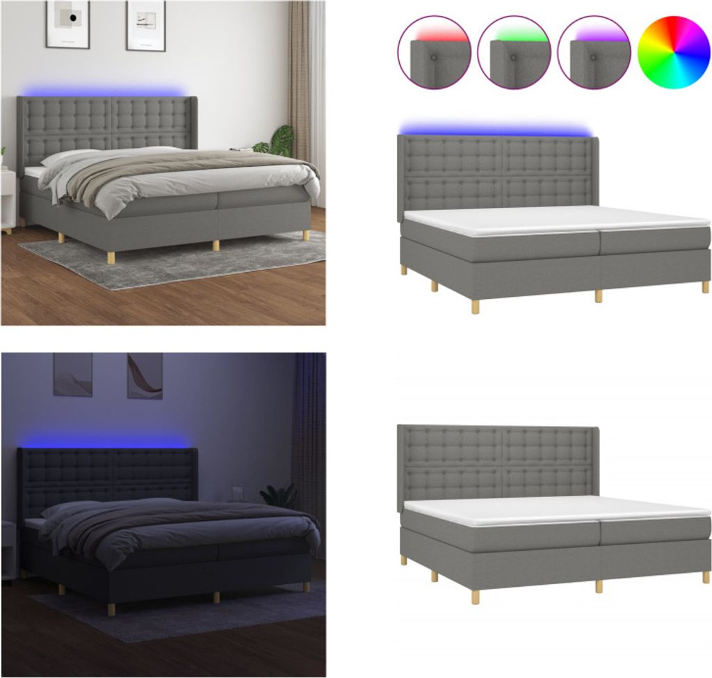 vidaXL Boxspringbett mit Matratze & LED Dunkelgrau 200x200 cm Stoff - Boxspringbett - Boxspringbetten - Bett - Schlafzimmermöbel