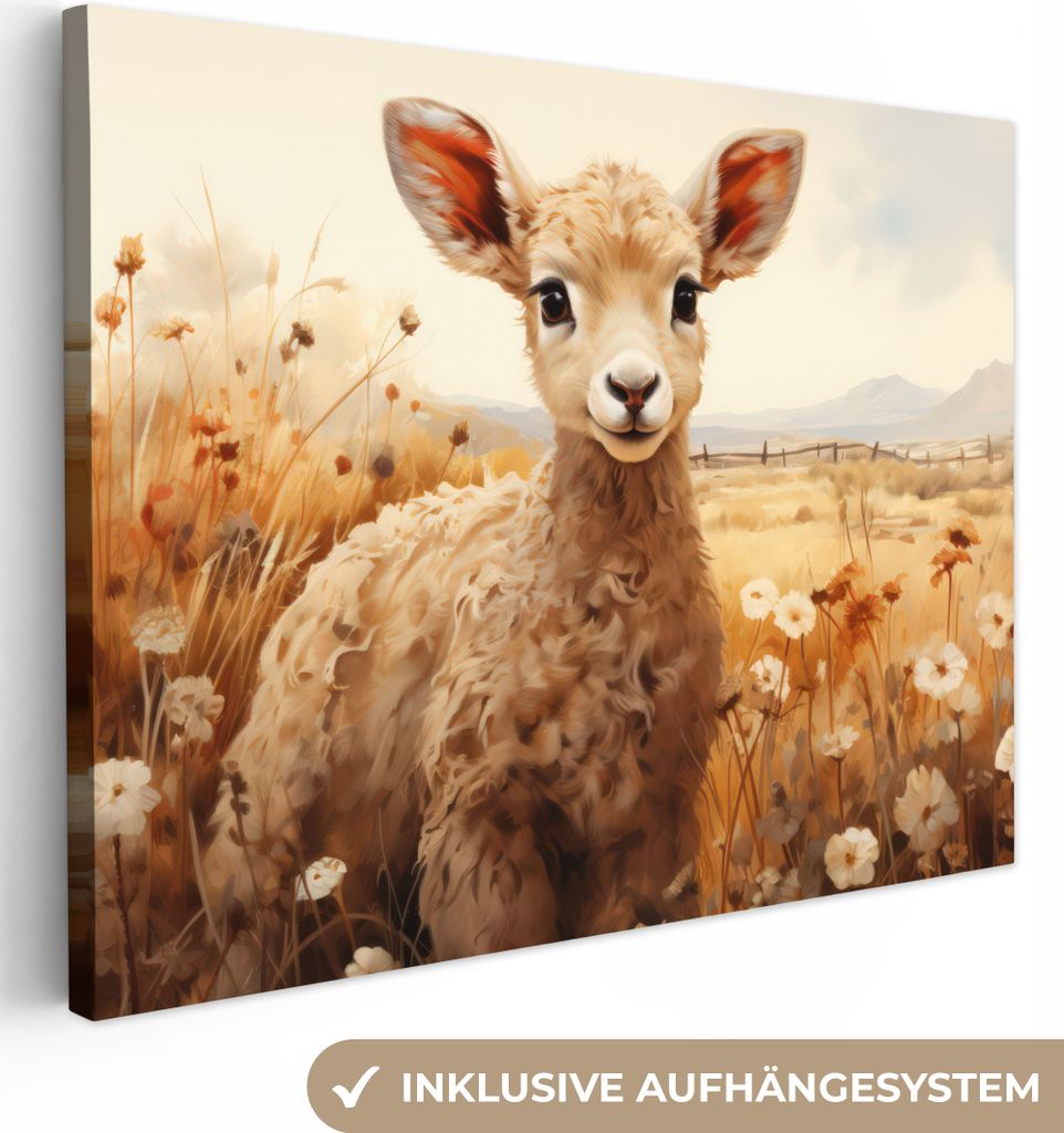MuchoWow - Leinwandbilder - Vintage - Schaf - Lamm - Blumen - Natur - Tiere, Wandbild, Wanddeko Bilder Wohnzimmer, 120x90 cm