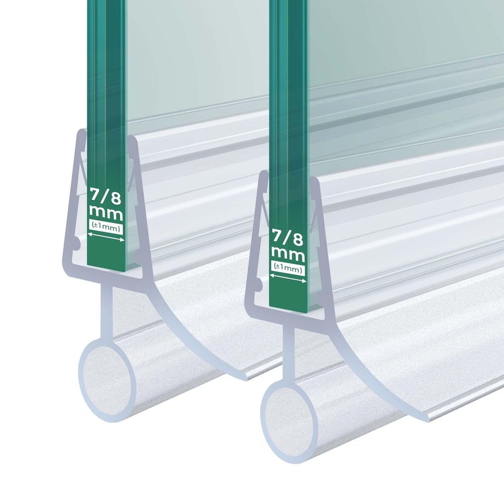 Close-up illustration of two shower door seals attached to glass panels.
