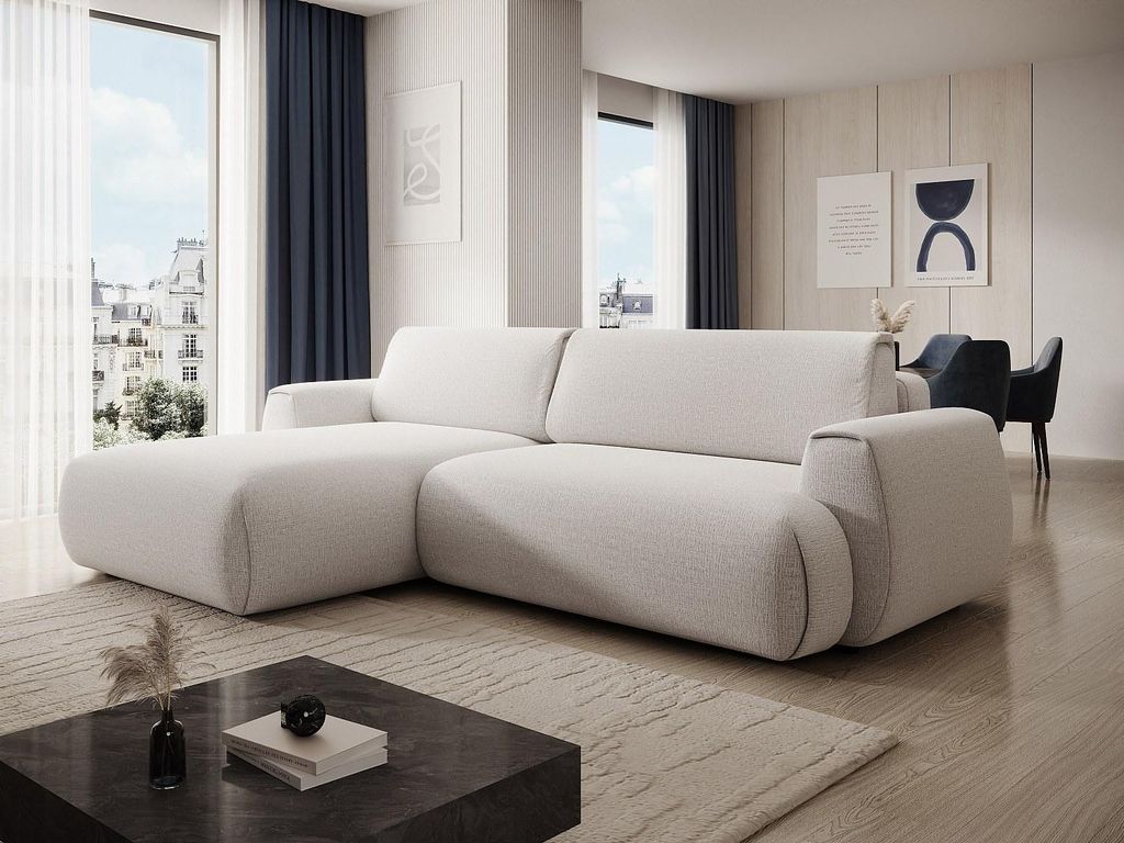 MONELIA – Eck-Schlafsofa aus Chenille-Stoff in Elfenbeinfarbe