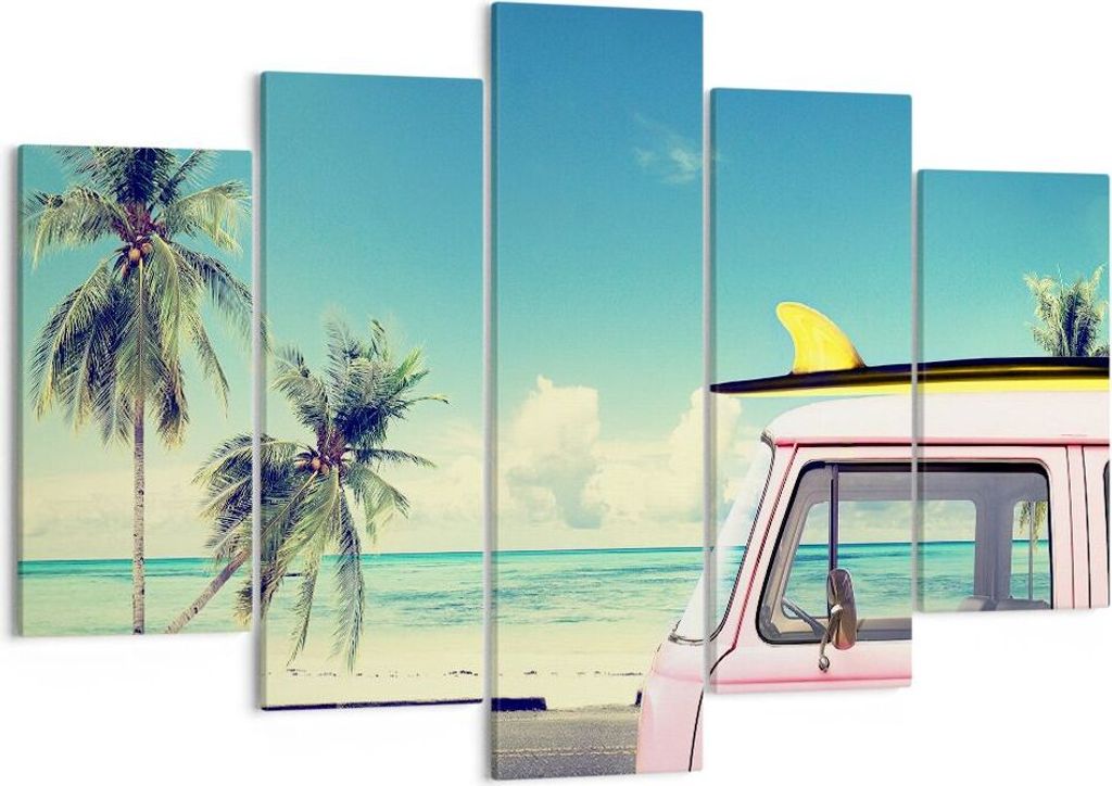 Bild auf Leinwand - Leinwandbild - Auto Surfbrett Strand Ozean - 150x100cm - Wand Bild - Wanddeko - Leinwanddruck - Bilder - Kunstdruck - Wanddekor...
