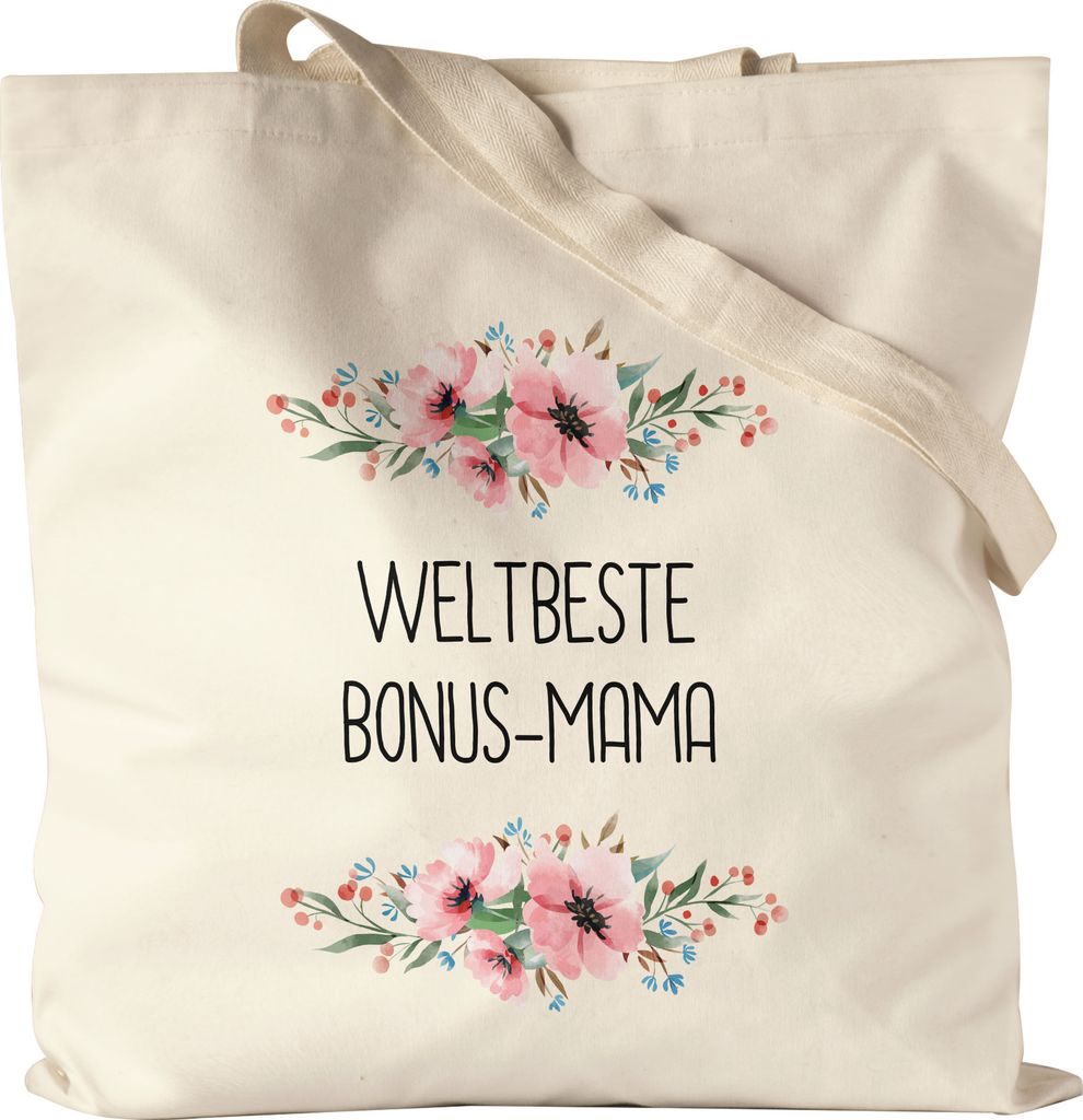 Weltbeste Bonus-Mama Jutebeutel Stoffbeutel Canvas Mutterliebe Blumenmotiv Geschenkidee Muttertag Geburtstag
