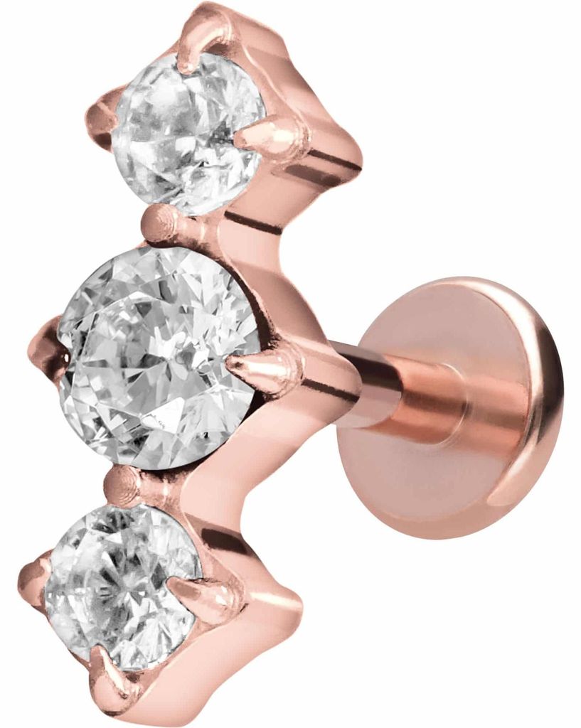 Ohrpiercing, Nasenpiercing Titan Labret mit Innengewinde 3 EINGEFASSTE KRISTALLE RoséGold Stablänge: 5mm | Stabstärke: 1,2mm