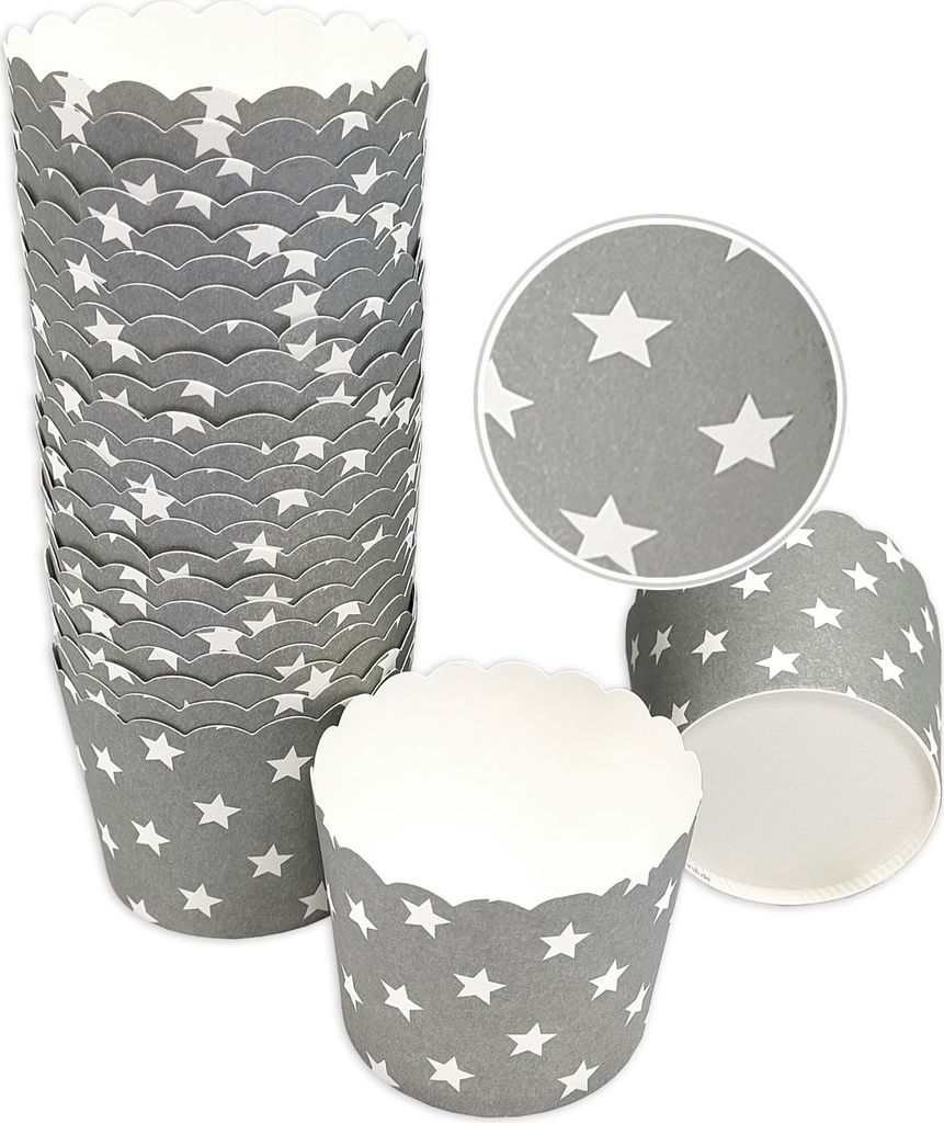 Frau WUNDERVoll 50 Muffin Backformen grau, weiße Sterne, Durchmesser 5 cm / Muffinbackform, Muffinform, Backformen, Backförmchen, Cupcake Forme...