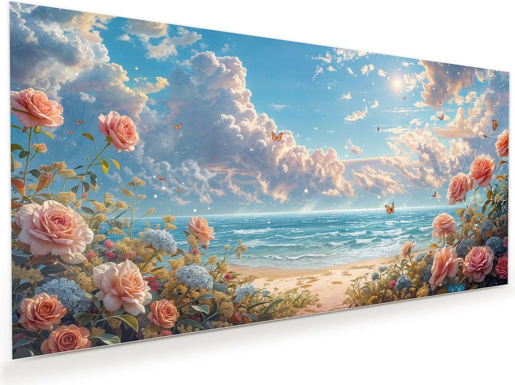 Glasbild 110x55cm in XXL für Wohnzimmer, Schlafzimmer Motiv Strandzeit mit Rosen