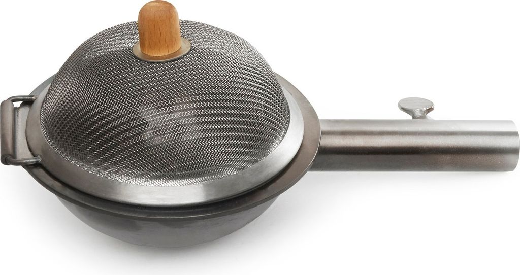 A popcorn maker with a mesh dome lid and a wooden knob, set against a white background.
