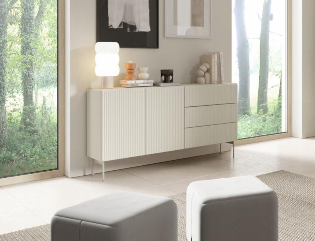 Kommode Muti Kaschmir Matt | Sideboard 147 cm mit Riffel-Fronten | grifflos mit Push-to-Open & Metallfüßen