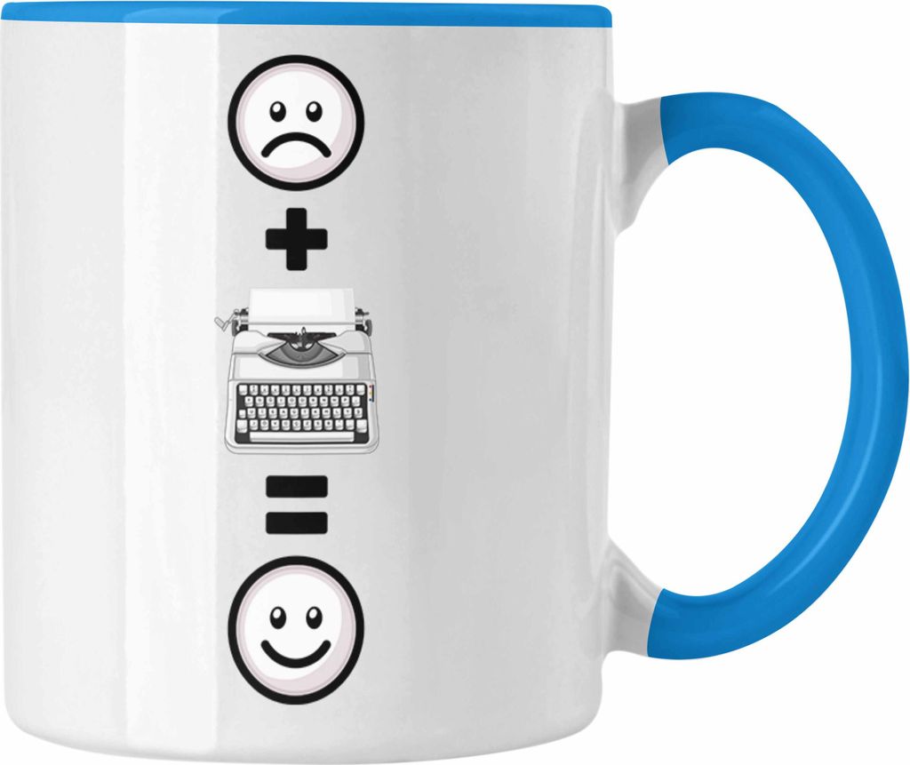 Trendation - Schreibmaschine Tasse Geschenkidee für Schreibmaschinen retro Nostalgiker Geburtstag Lustiges Geschenk :( + Schreibmaschine = :) (Blau)