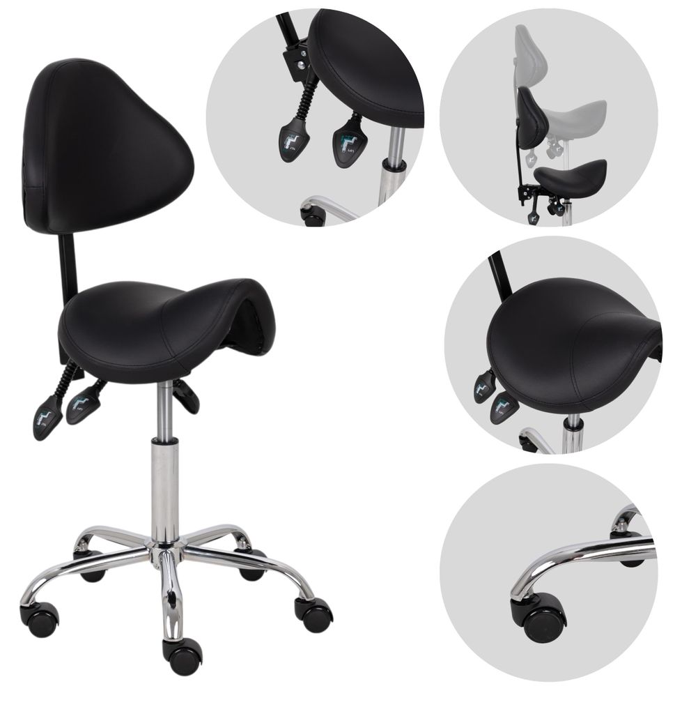 HABYS Ergonomischer Sattelhocker SOLA mit Rückenlehne | Rollhocker Arbeitshocker Praxishocker höhenverstellbar | Stabil, abwaschbar | Schwarz
