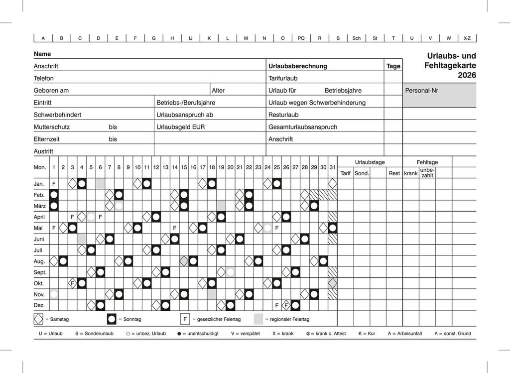 2026 ADINA Urlaubsanträge & Fehltagekarten A5 quer 10er Pack