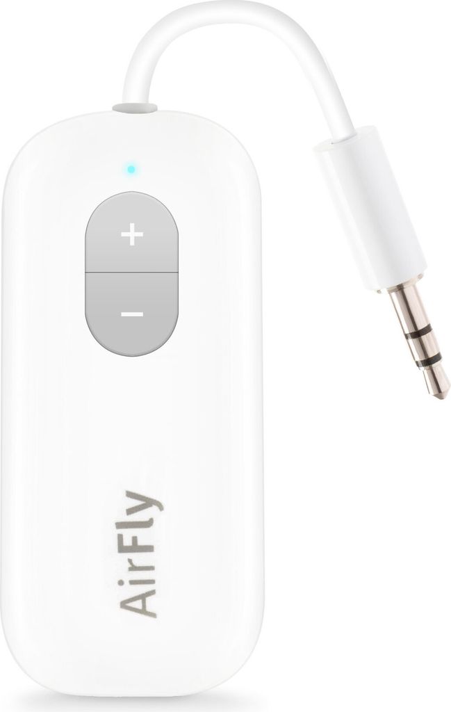 A white AirFly SE Bluetooth wireless transmitter/adapter with a 3.5mm audio jack.