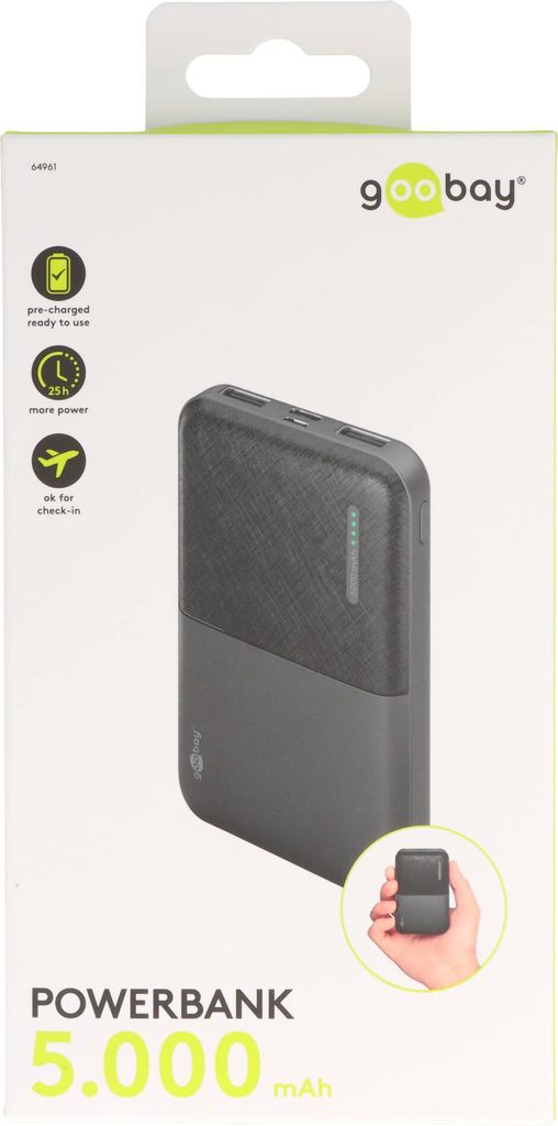 Powerbank Compact 5.000mAh, ultrakompakt und leicht, Anti-Rutsch Oberfläche, inkl. Ladekabel