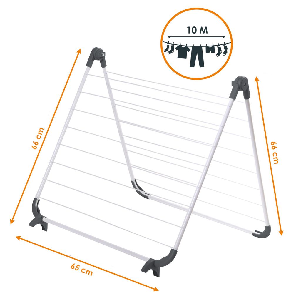 A foldable clothes drying rack shown from a diagonal angle against a white background.