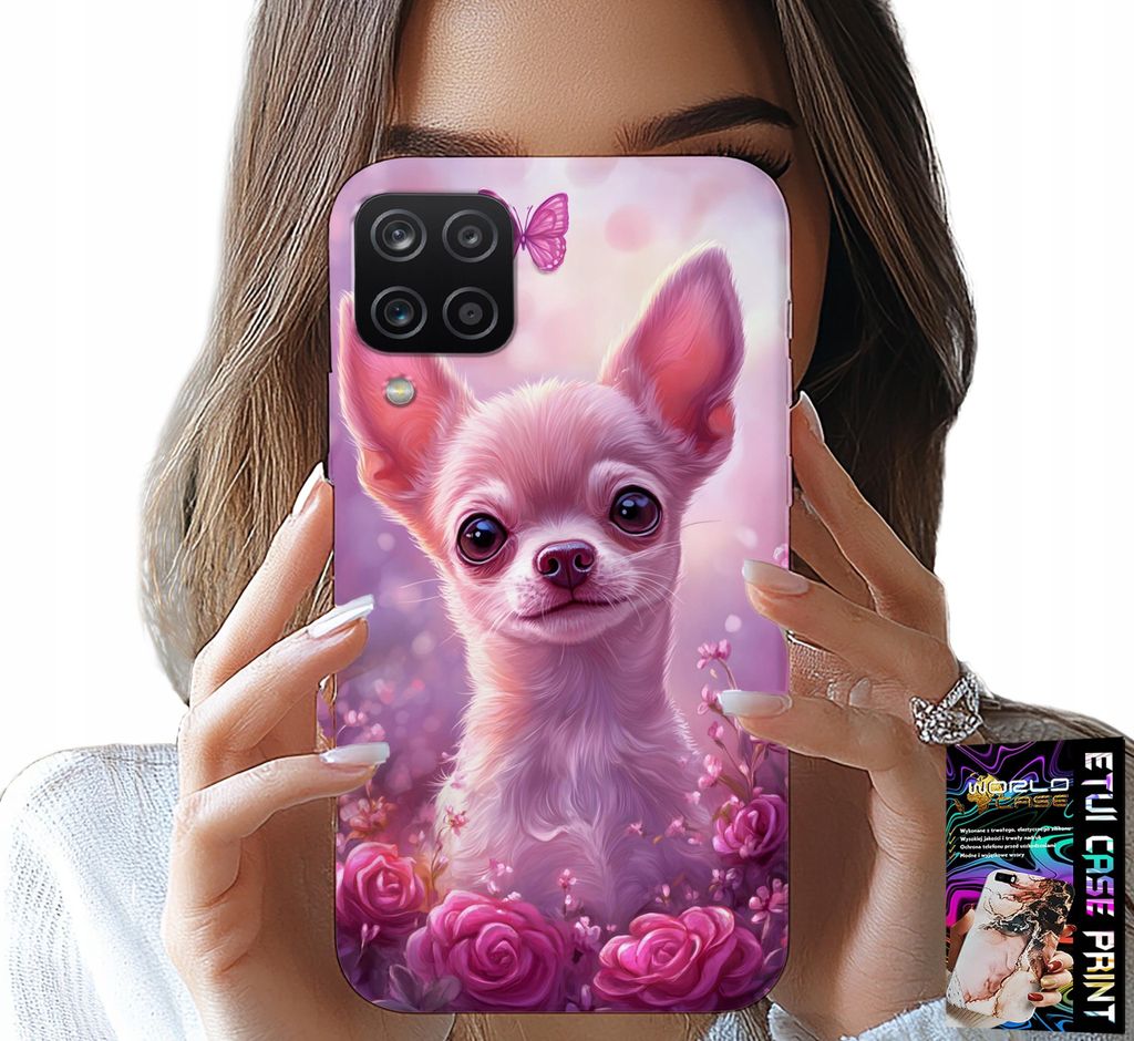 Hülle Für Samsung A12 / M12 - Süsser Chihuahua Auf Rosa Hintergrund Mit Blumen