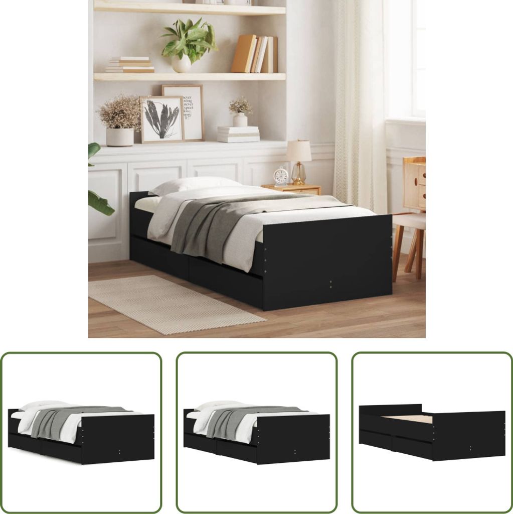 The Living Store Bett mit Schubladen Schwarz 75x190 cm