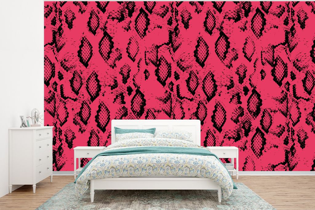 MuchoWow Fototapete für Wohnzimmer oder Schlafzimmer Wandtapete Vinyl Motivtapete Schlangendruck - Rosa - Schwarz - 350x260 cm - Wohnzimmer-Tapete
