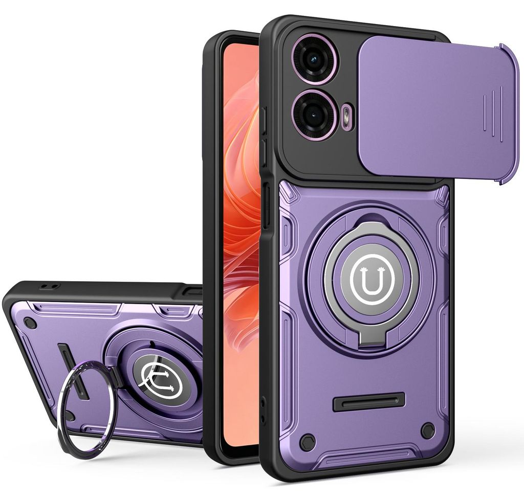 Magnetische Handyhülle für Motorola Moto G04 / G24 / E14 mit Kameraschutz Schieber, Ringhalter und Ständer, Stoßfeste Hülle Lila