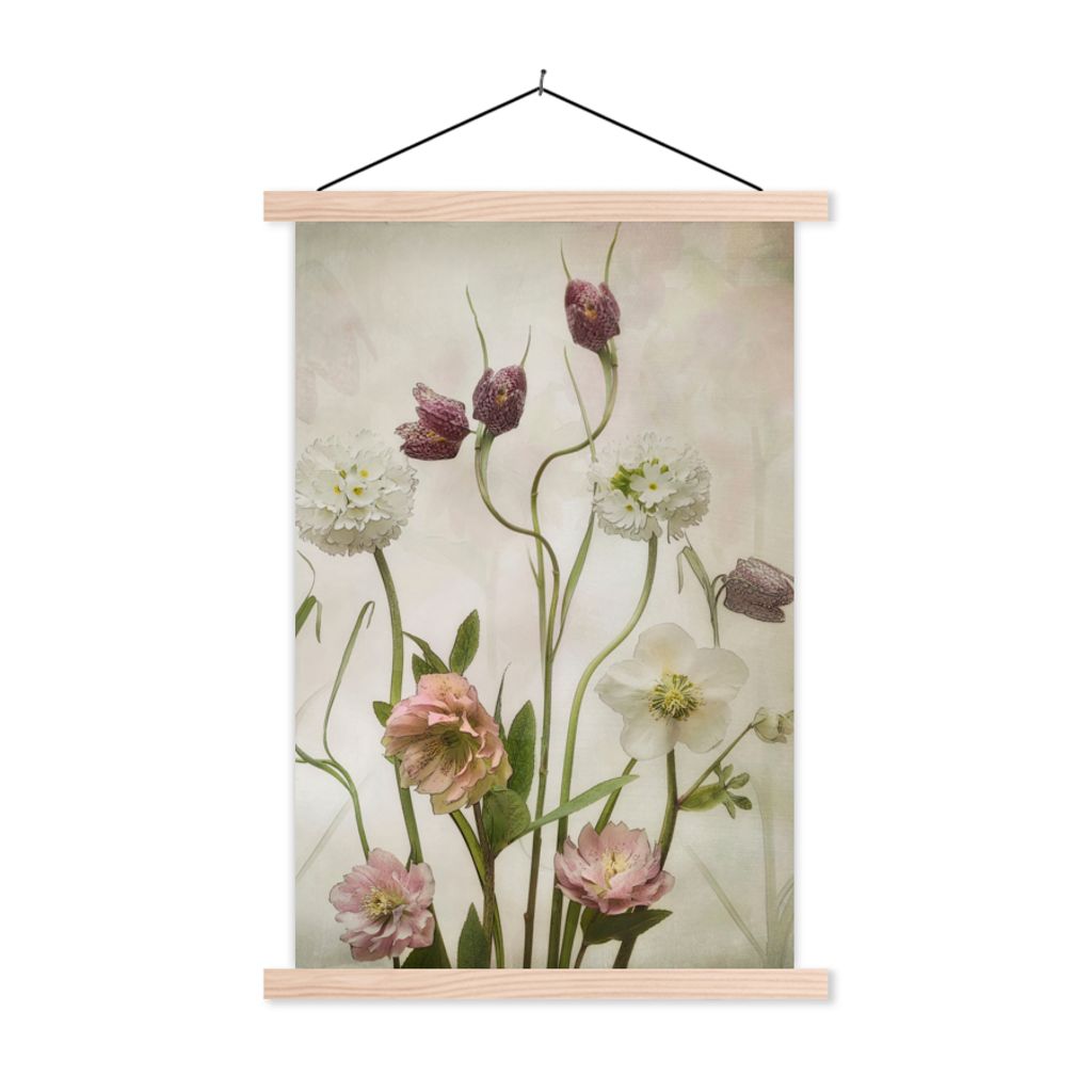 MuchoWow Textilposter Blumen - Frühling - Garten - Stilleben 120x180 cm mit holzfarbenen Rahmen - Textil-Plakat