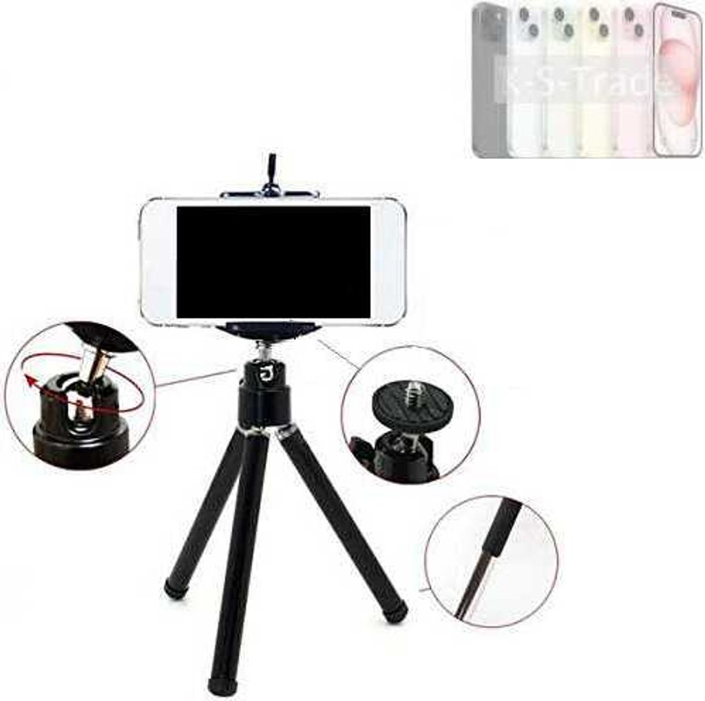 K-S-Trade Smartphone Stativ Dreibein kompatibel mit Apple iPhone 15 Tripod aus Aluminium Klemmstativ Stativ Adapter für Mobiltelefone schwarz 1x