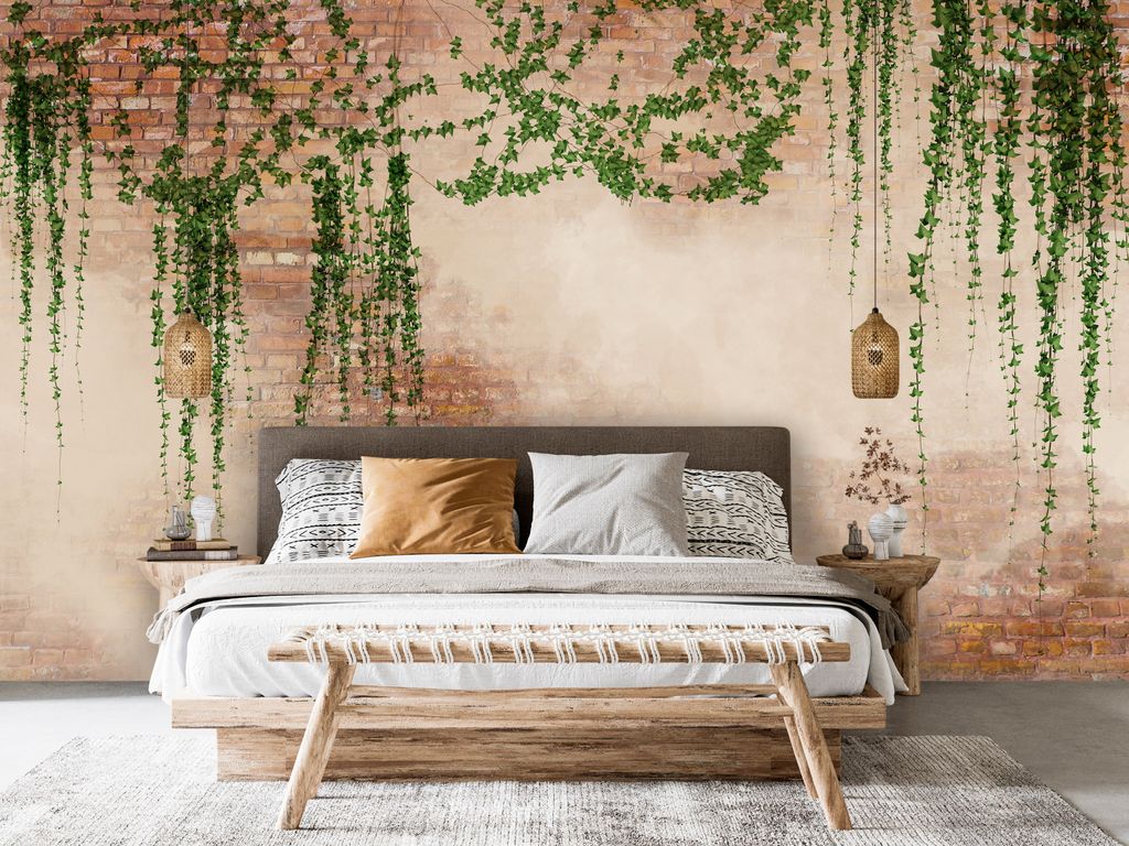 Vlies Fototapete Steinwand 400x280 cm Tapeten Wandtapete XXL Efeu grüne Blätter Ziegeloptik b-C-10237-a-b