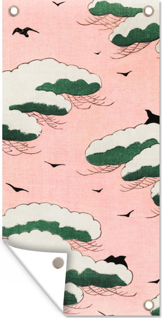 MuchoWow 40x80 cm Outdoor-Poster Gartendeko Sichtschutz Garten Poster für den Garten Retro - Wolke - Vogel - Himmel - Japanisch