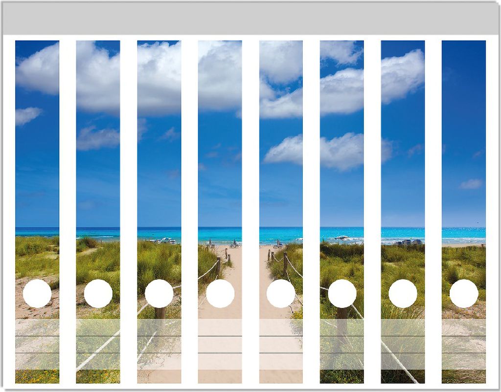 Wallario Ordnerrücken Sticker, selbstklebend für schmale Ordner, 8 Stück, Motiv Sandweg zum blauen Meer mit blauem Himmel