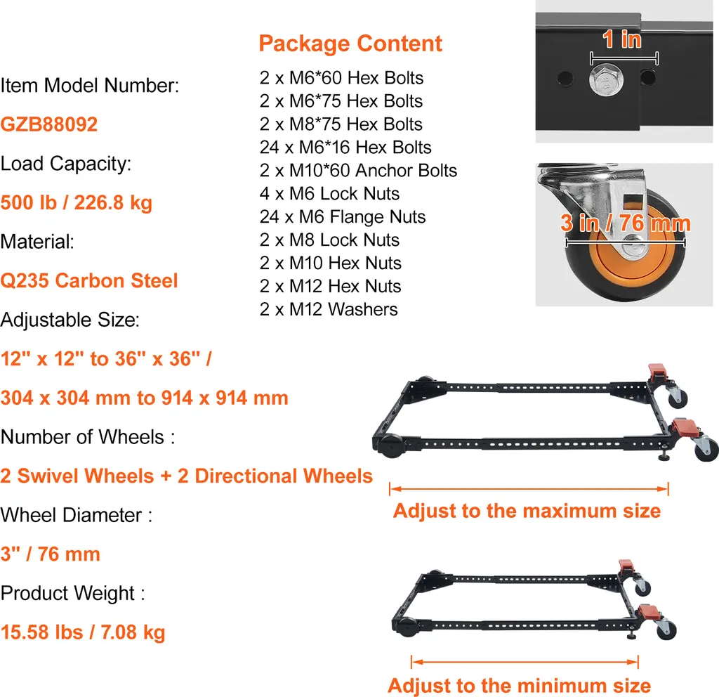 SucceBuy Support Roulant de 500 lbs, Base Mobile Réglable 12" à 36" - 7