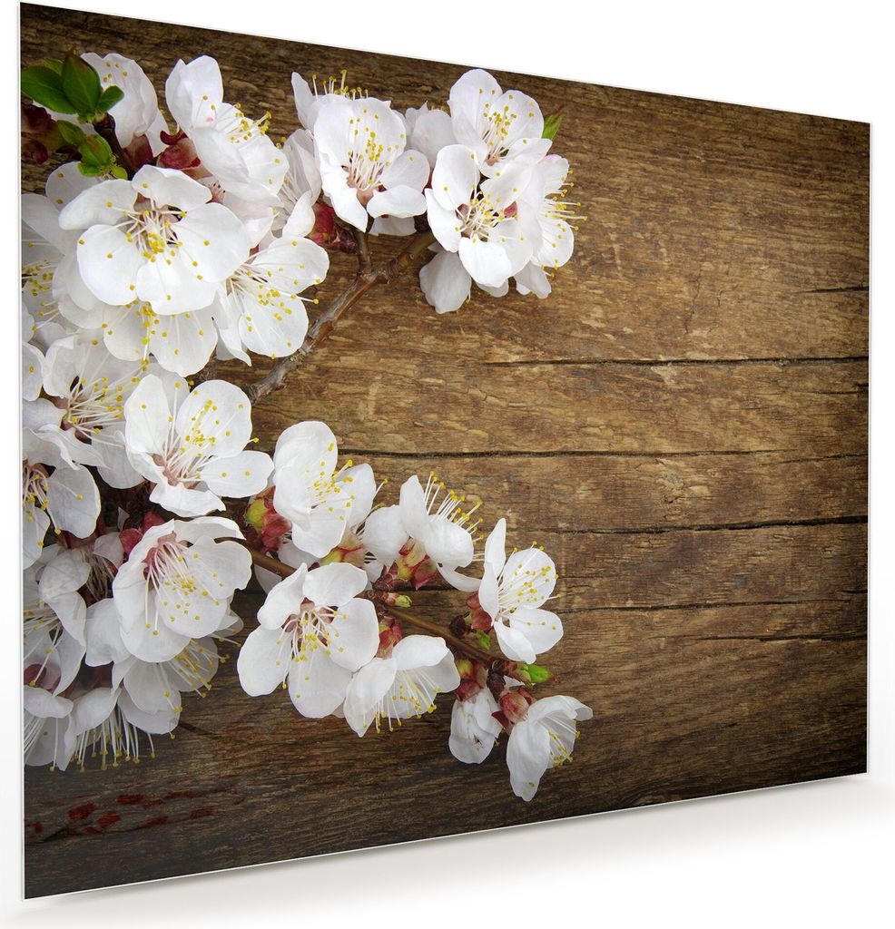 Glasbild Wandbild Blüten auf Holztisch 75x60cm in XXL für Wohnzimmer, Schlafzimmer, Badezimmer, Flur