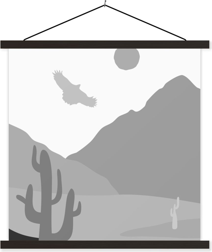 MuchoWow Textilposter Illustration - Kaktus - Falke - Schwarz - Weiß 40x40 cm mit schwarzem Rahmen - Fotos