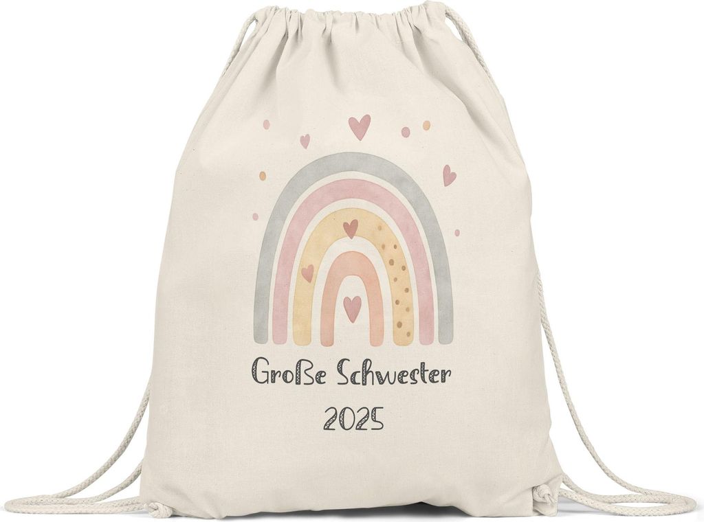 Große Schwester 2025 Boho Regenbogen Motiv Turnbeutel Geschenk Herz Pastell Vintage Familie Geschwister