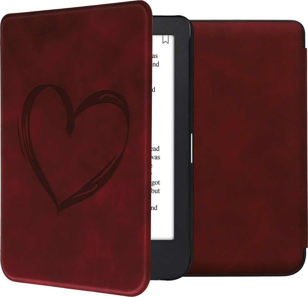 kwmobile Schutzhülle für Kobo Clara 2E / Tolino Shine 4 Hülle - eReader Case aus Kunstleder mit Auto Sleep Funktion - Herz Brush mit Dunkelrot