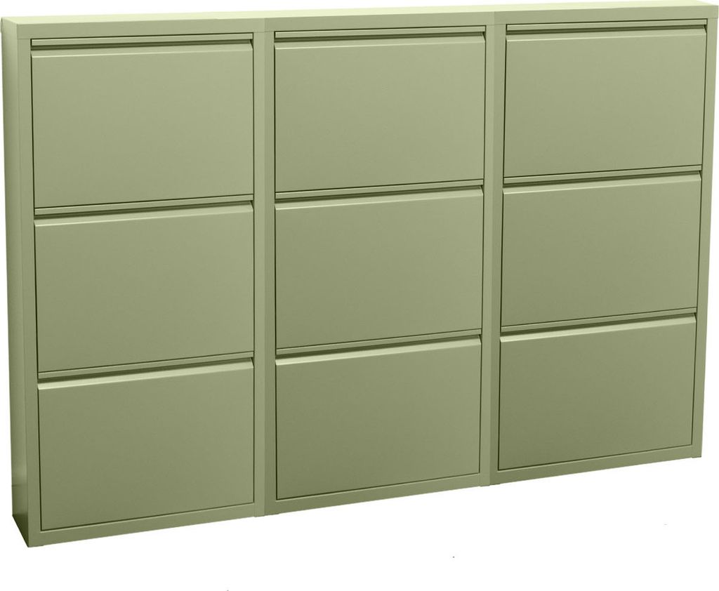 A three-column shoe cabinet with nine flip-down doors.