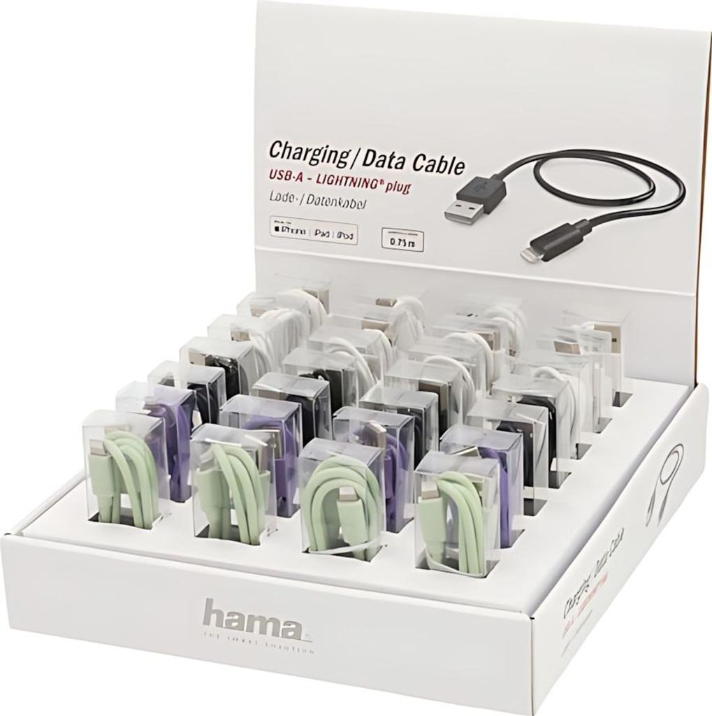 HAMA GMBH USB Kabel Lightning 0,75m 4fach sortiert, schwarz, wei, lila, grn,, zum Laden und Synchronisieren von Gerten,, Micro USB auf Lightning, Hama