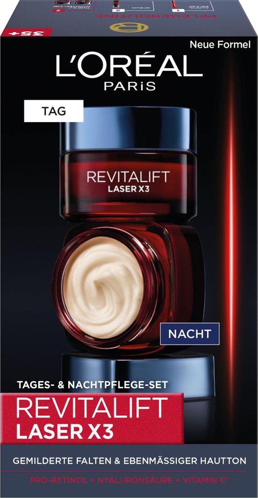 L'Oréal Paris Gesichtspflege Set, Revitalift Laser X3, Anti-Aging Tagespflege und Nachtpflege mit 3-fach Wirkung, Mit Hyaluronsäure, 2 x 50 ml
