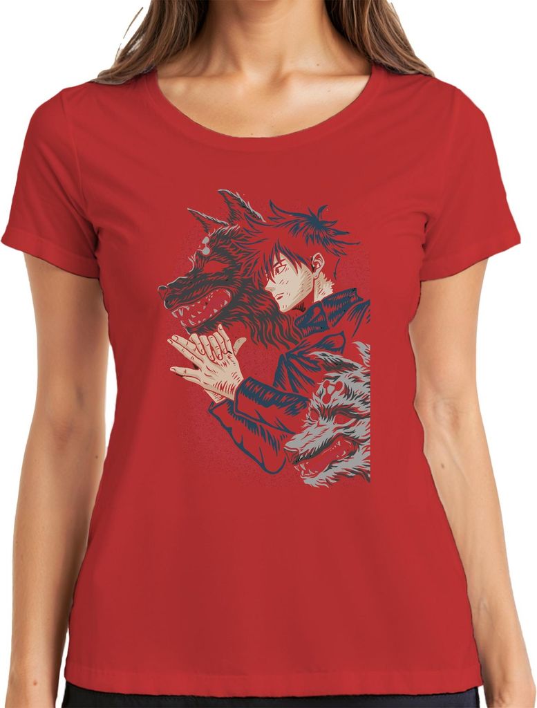 Wolfsbeschwörer Anime Shikigami Dämonenwolf düster Geschenk Damen T-Shirt, Rot, M