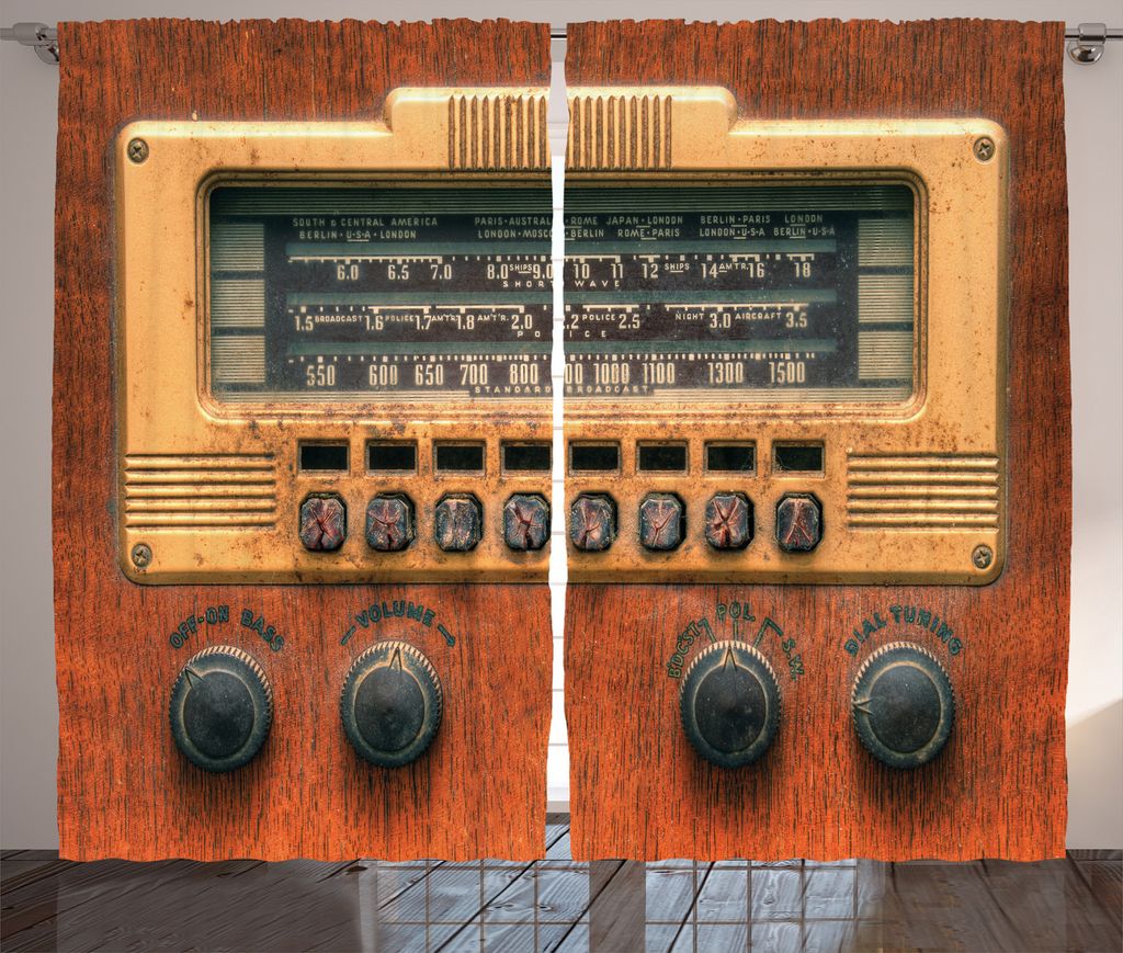 ABAKUHAUS Musik Rustikaler Vorhang, Antike Radios, Wohnzimmer Universalband Gardinen mit Schlaufen und Haken, 280 x 175 cm, Brown Ecru