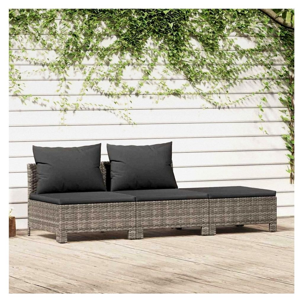 3-teiliges Garten-Lounge-Set, Grau Polyrattan, mit Kissen, Möbel für Terrasse und Balkon, robust und pflegeleicht, 183 x 63 x 55,5 cm