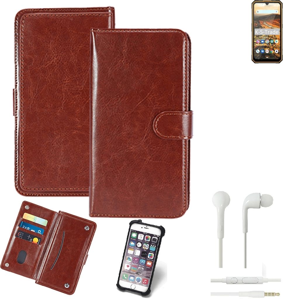 K-S-Trade 360° Hülle kompatibel mit Cubot KingKong 5 inkl. Headphones braun Kunstleder Case BookCase WalletCase Kunstlederederhülle Handyhülle,