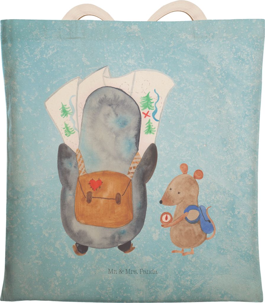 Mr. & Mrs. Panda Shoppingbag Pinguin & Maus Wanderer - Eisblau - Geschenk, Beuteltasche, shopping bag, Wanderlust, Wandern, Pinguine, Stofftragetas...
