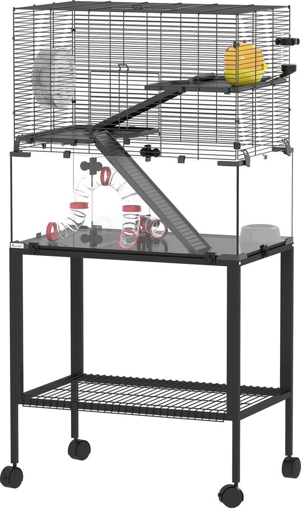 Hamsterkäfig, Kleintiergehege mit 3 Ebenen, Laufrad, Hütte, Plattformen, Rampen, Futterschale, Wasserflasche, Zubehör, Stahl, Kunststoff, Schwarz