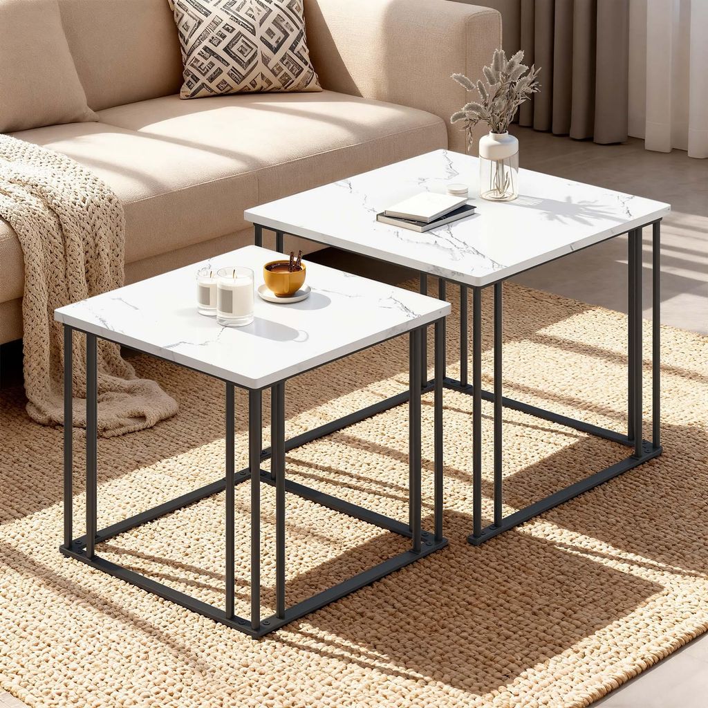 BALCONERA Couchtische, Beistelltische, Wohnzimmertisch, 2er-Set, Quadratisch, Ineinanderschiebbar, Metallgestell, 60x60x50cm, 50x50x44cm, Weiß