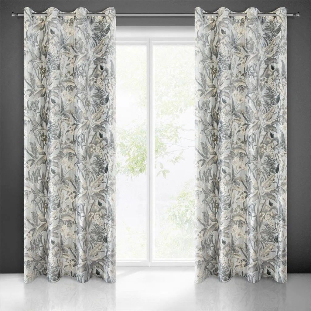 Rideau velours 140x250 motifs palmiers et fleurs argent pour décoration