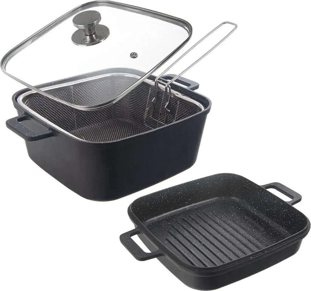 A black deep frying pan with a glass lid and a frying basket, and a separate black grill pan are shown against a white background.
