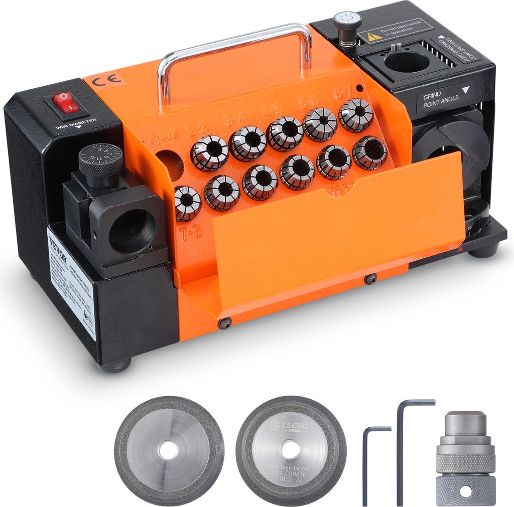 VEVOR Bohrerschleifgerät 120 W 4500 U/min Schärfstation 45# Stahl Bohrerschärfgerät 95-135° Einstellbarer Spitzenwinkel 11 Spannzangen Geeignet