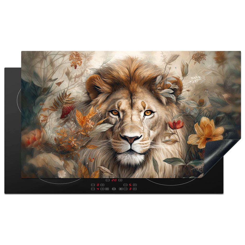 KitchenYeah Herdabdeckplatte Löwe - Wildtiere - Pflanzen - Natur - Blumen , 90x52cm, Küche Deko, Glaskeramikkochfeld Herdabdeckung, Abdeckplatt...